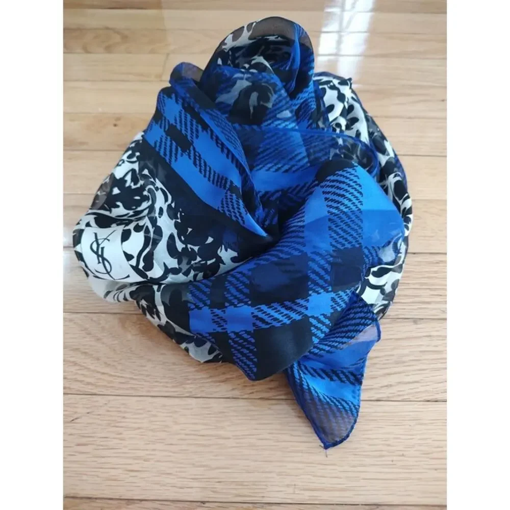 YSL floral plaid silk scarf stole vintage EUC